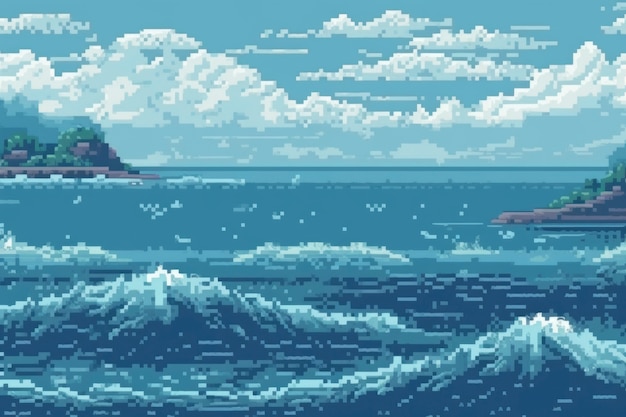 Photo gratuite scène de pixels graphiques 8 bits avec vagues océaniques