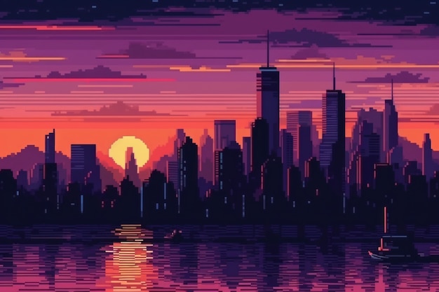 Photo gratuite scène de pixels graphiques 8 bits avec ville au coucher du soleil