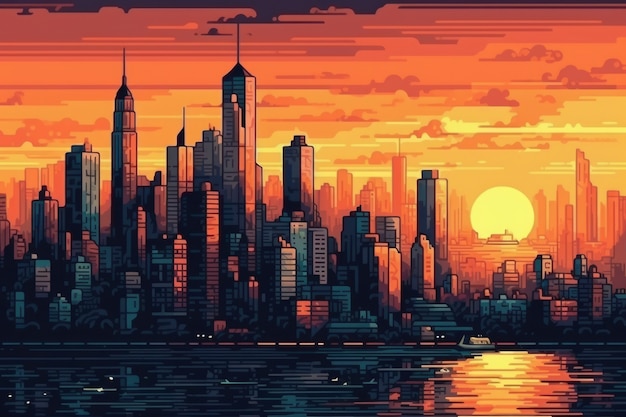 Photo gratuite scène de pixels graphiques 8 bits avec ville au coucher du soleil