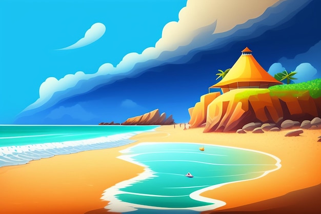 Photo gratuite une scène de plage avec une cabane sur la plage et l'océan en arrière-plan.