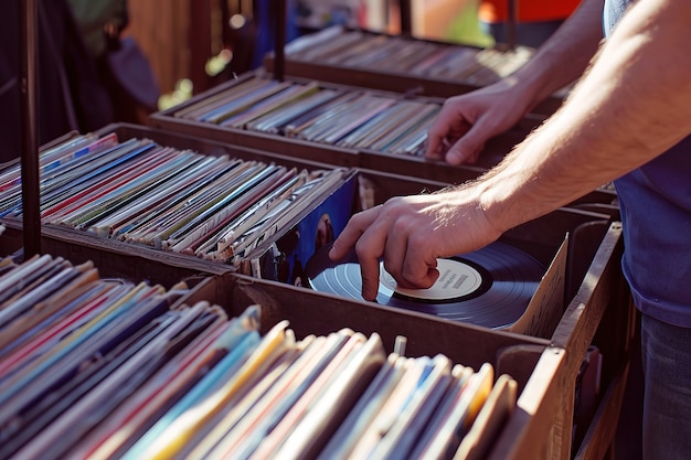 Scène réaliste avec des disques vinyles lors d'une vente de jardin dans le quartier