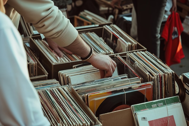 Scène réaliste avec des disques vinyles lors d'une vente de jardin dans le quartier