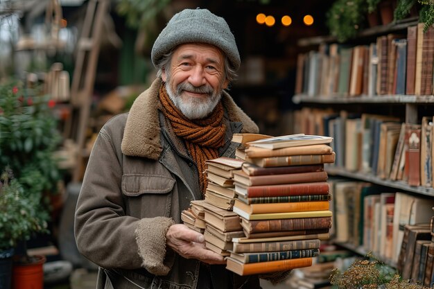 Scène réaliste avec des livres à une vente de jardin du quartier