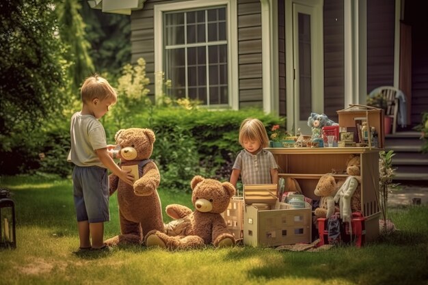 Scène réaliste avec un petit enfant à une vente de jardin du quartier