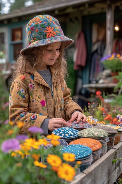 Scène réaliste avec un petit enfant à une vente de jardin du quartier