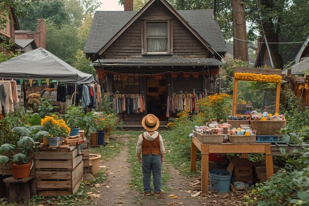 Scène réaliste avec un petit enfant à une vente de jardin du quartier