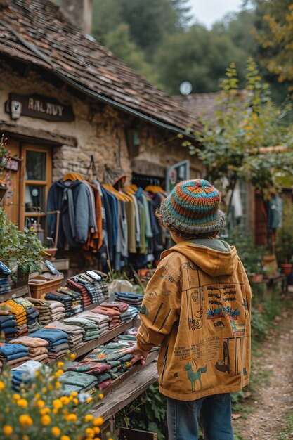 Scène réaliste avec un petit enfant à une vente de jardin du quartier