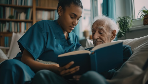 Scène réaliste avec un travailleur de la santé qui s'occupe d'un patient âgé