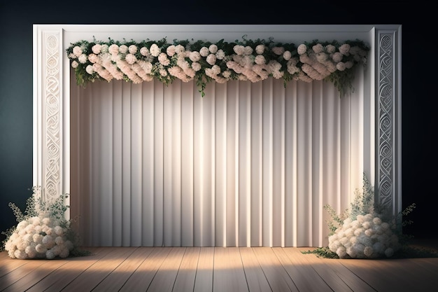Une scène avec un rideau qui dit "fleurs blanches" dessus