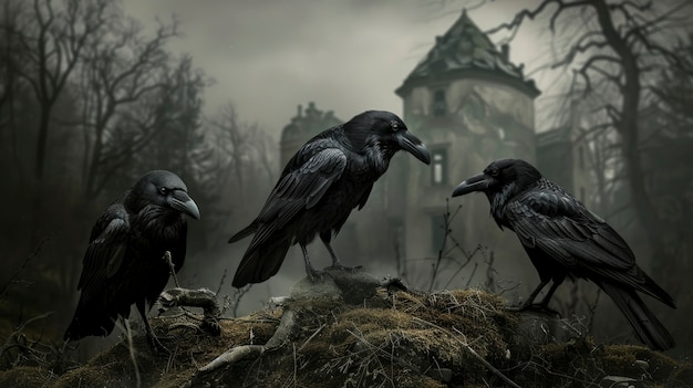 Photo gratuite scène sombre de corbeaux à l'extérieur