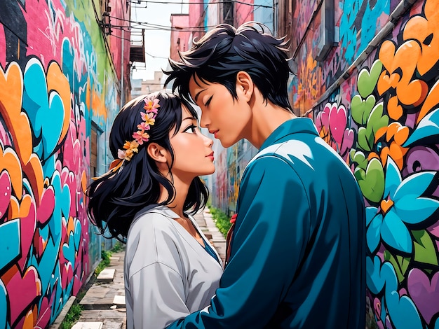 Photo gratuite scène de style anime avec des gens montrant de l'affection à l'extérieur dans la rue