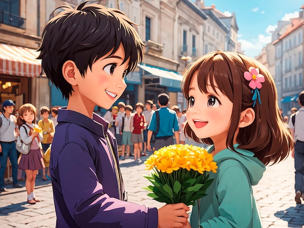 Photo gratuite scène de style anime avec des gens montrant de l'affection à l'extérieur dans la rue