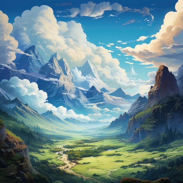 Scène de style fantastique avec paysage de montagnes