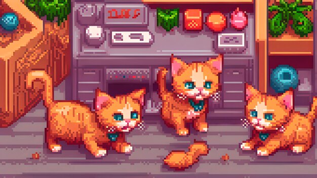 Scène de style pixel avec un adorable chat de compagnie