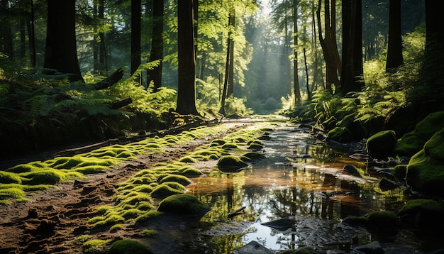 Photo gratuite scène tranquille arbre vert se reflète dans l'eau coulante aventure sauvage générée par l'intelligence artificielle