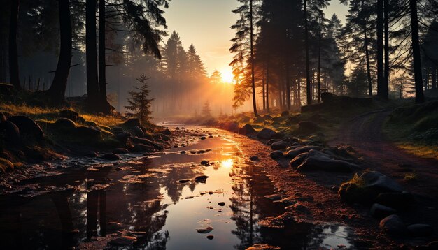 Scène tranquille coucher de soleil sur la forêt se reflétant dans l'eau calme générée par l'intelligence artificielle