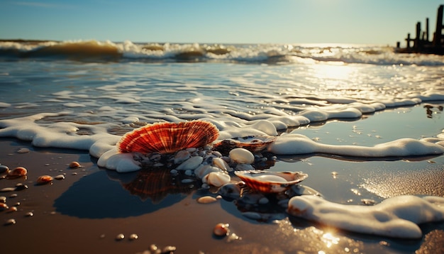 Photo gratuite scène tranquille avec des eaux de coquillages au bord du coucher du soleil, reflet du littoral de relaxation généré par l'intelligence artificielle