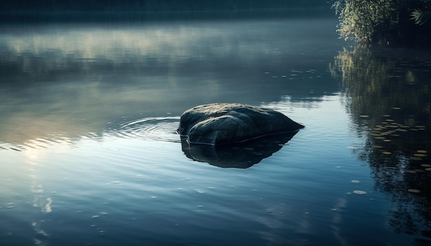 La scène tranquille d'un étang bleu reflète la forêt générée par l'IA