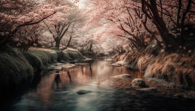 Photo gratuite scène tranquille de fleurs de cerisier au printemps générée par l'ia