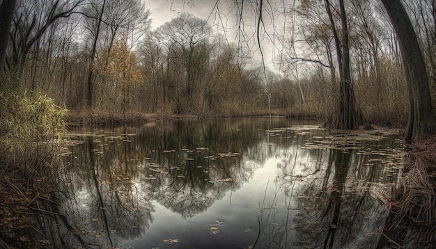 Scène tranquille de la forêt d'automne reflétée dans l'eau paisible d'un étang générée par l'IA