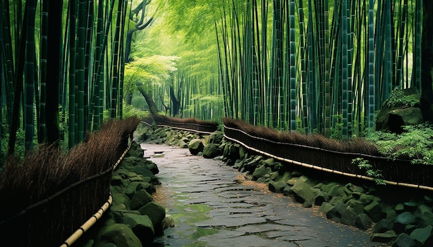 Scène tranquille d'une forêt de bambou dans la culture japonaise générée par l'IA