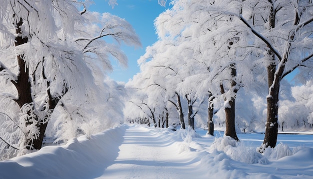 Photo gratuite scène tranquille forêt enneigée arbre gelé lumière du soleil vive tranquillité profonde générée par l'ia