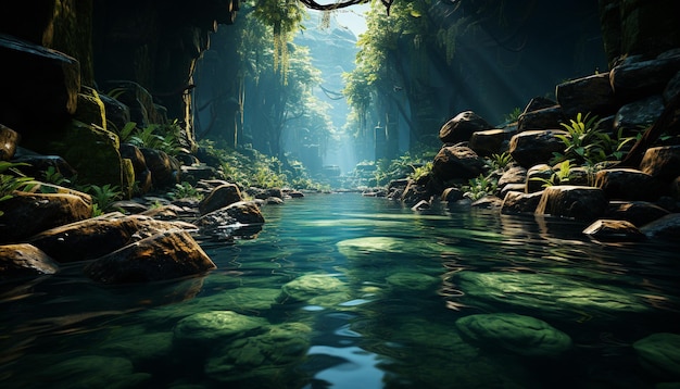 Photo gratuite scène tranquille d'une forêt tropicale humide avec de l'eau qui coule et un feuillage vert généré par l'intelligence artificielle