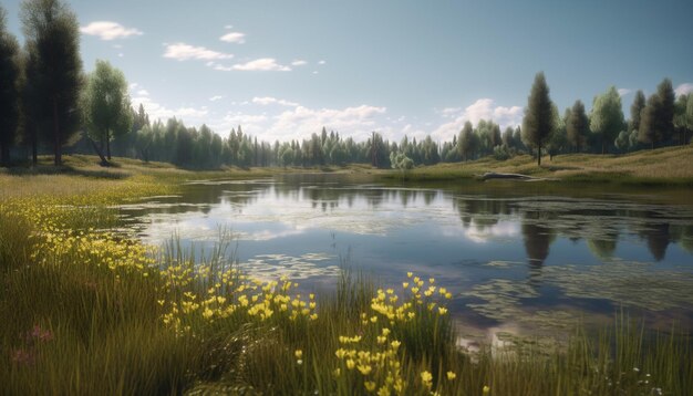 Scène tranquille d'une montagne se reflétant dans un étang paisible généré par l'intelligence artificielle