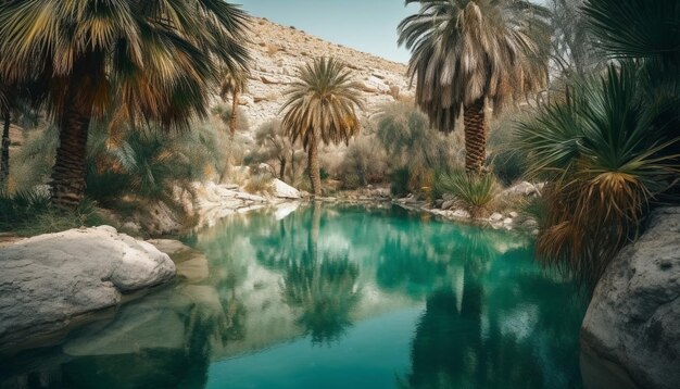 Scène tranquille de palmiers au bord de la piscine générée par l'IA