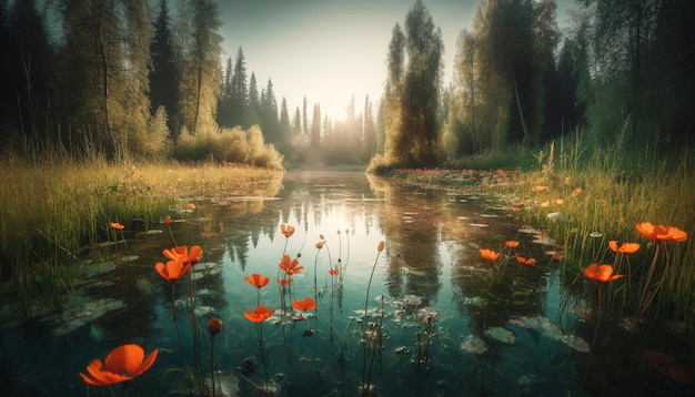 Scène tranquille d'une prairie avec des fleurs vibrantes et de l'herbe verte générée par l'intelligence artificielle