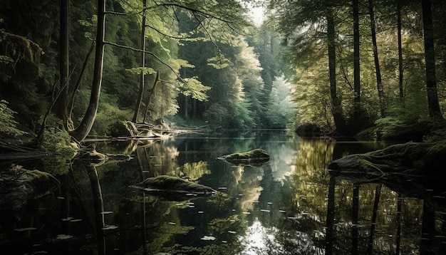 Scène tranquille de la réflexion de la forêt d'automne dans l'étang générée par l'IA