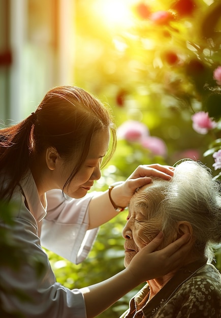 Scène d'un travail de soins avec un patient âgé à prendre en charge