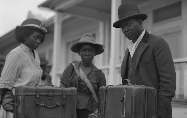 Scène vintage en noir et blanc avec des gens migrant vers les zones rurales dans les temps anciens