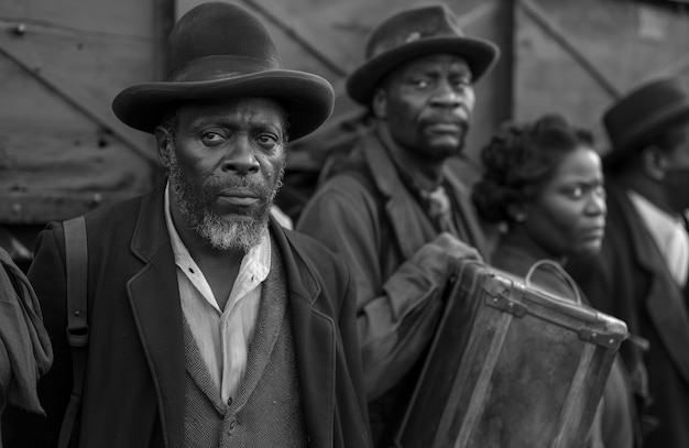 Photo gratuite scène vintage en noir et blanc avec des gens migrant vers les zones rurales dans les temps anciens