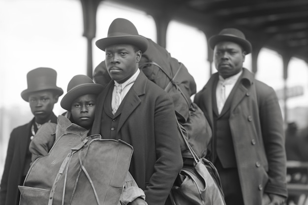 Scène vintage en noir et blanc avec des gens migrant vers les zones rurales dans les temps anciens