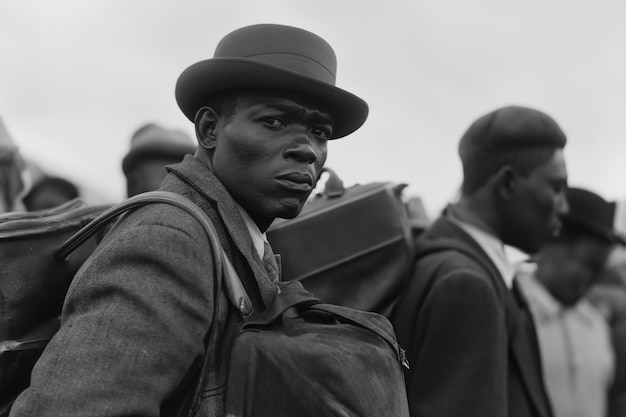 Photo gratuite scène vintage en noir et blanc avec des gens migrant vers les zones rurales dans les temps anciens