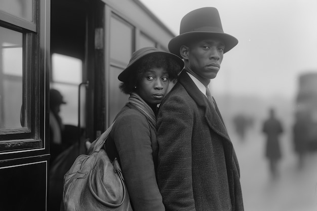 Photo gratuite scène vintage en noir et blanc avec des gens migrant vers les zones rurales dans les temps anciens