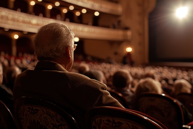 Scènes de la Journée mondiale du théâtre rétro avec un public assis dans les stalles d'un théâtre