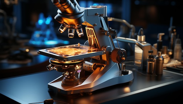 Scientifique analysant un microscope découvrant une biologie en gros plan en laboratoire générée par l'intelligence artificielle