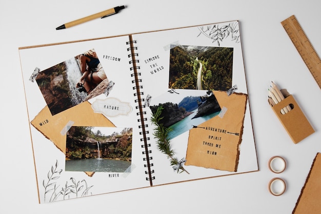 Scrapbook avec vue de dessus de photos de voyage