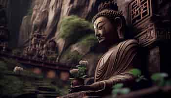 Photo gratuite sculpture bouddhiste dans une scène tranquille architecture ancienne méditation ia générative