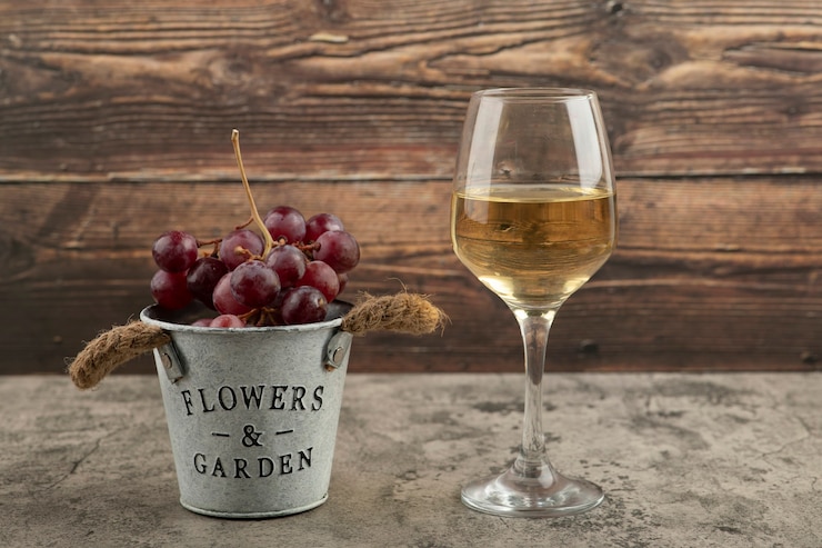 Photo gratuit seau en métal de raisins frais rouges et verre de vin blanc sur une surface en marbre.