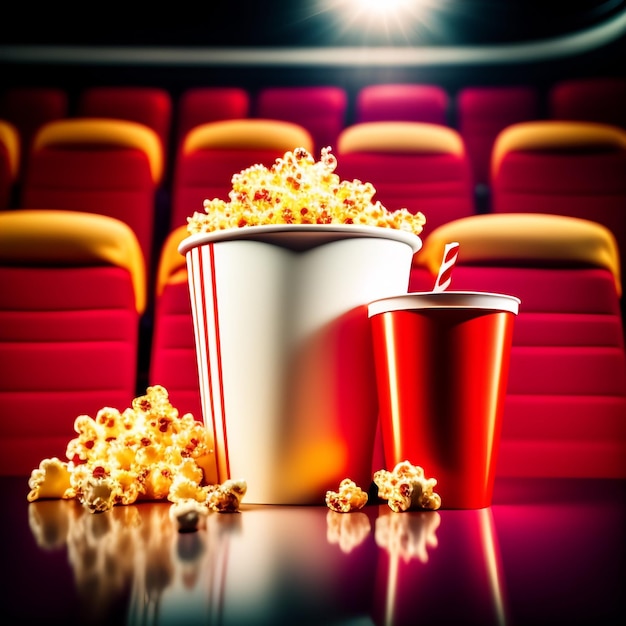 Photo gratuite un seau de pop-corn et une tasse de pop-corn sont sur une table dans un cinéma.