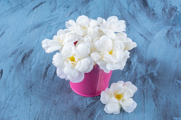 Un seau rose avec un beau bouquet de fleurs blanches.