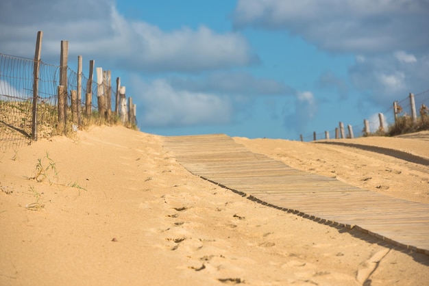 Sentier en bois à travers les dunes de la plage de l'océan dans l'ouest de la france. mise au point sélective