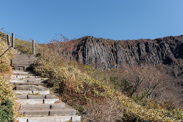 Sentier d'escaliers sur le sentier Yeongsil du mont Hallasan sur l'île de Jeju