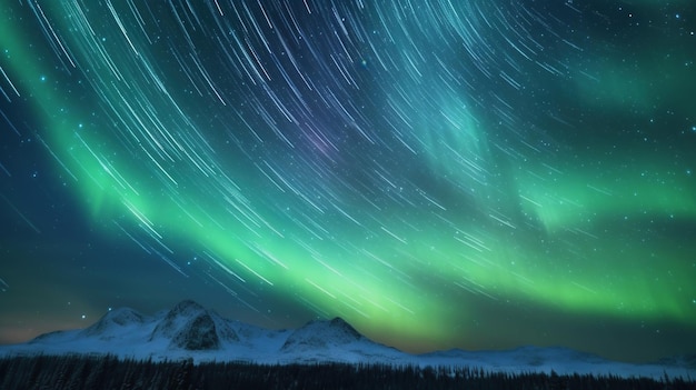 Sentier d'étoiles du ciel nocturne sur la planète Terre avec l'image générée par l'IA aurora