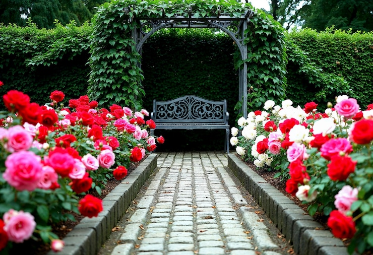 Photo gratuit le sentier romantique du jardin de roses