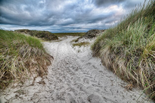 Sentier de sable entouré de colline sous le ciel nuageux