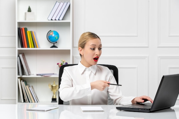 Service à la clientèle jolie fille en chemise blanche avec rouge à lèvres et ordinateur portable excité pointant sur l'écran